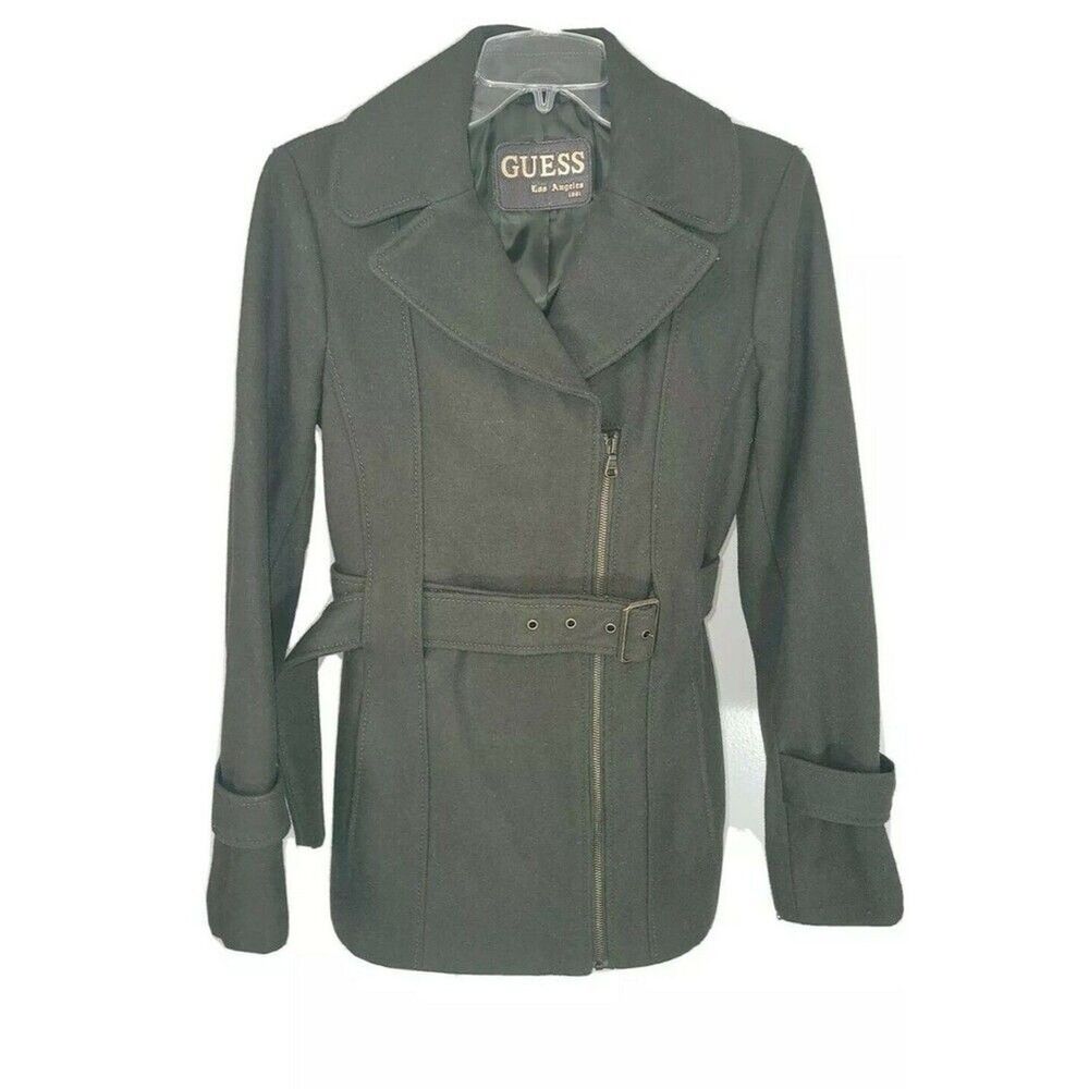 Guess Los Angeles Womens Sz S Wool Military Peacoat Olive Green Full Zip Belt